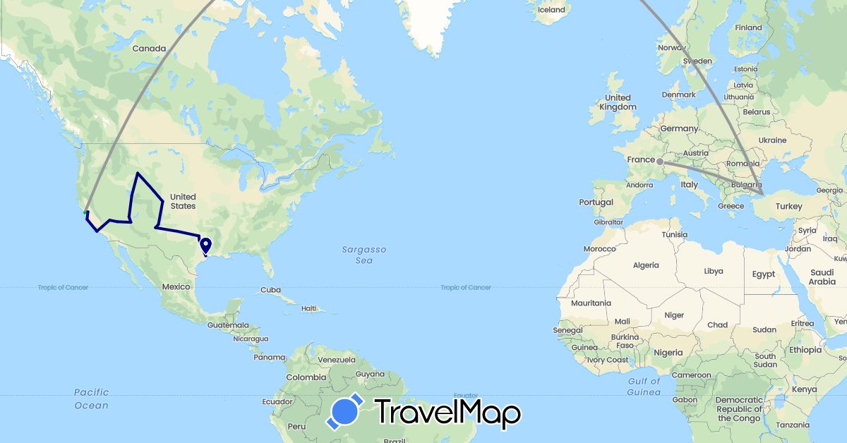 TravelMap itinerary: driving, bus, plane in Switzerland, Turkey, United States (Asia, Europe, North America)